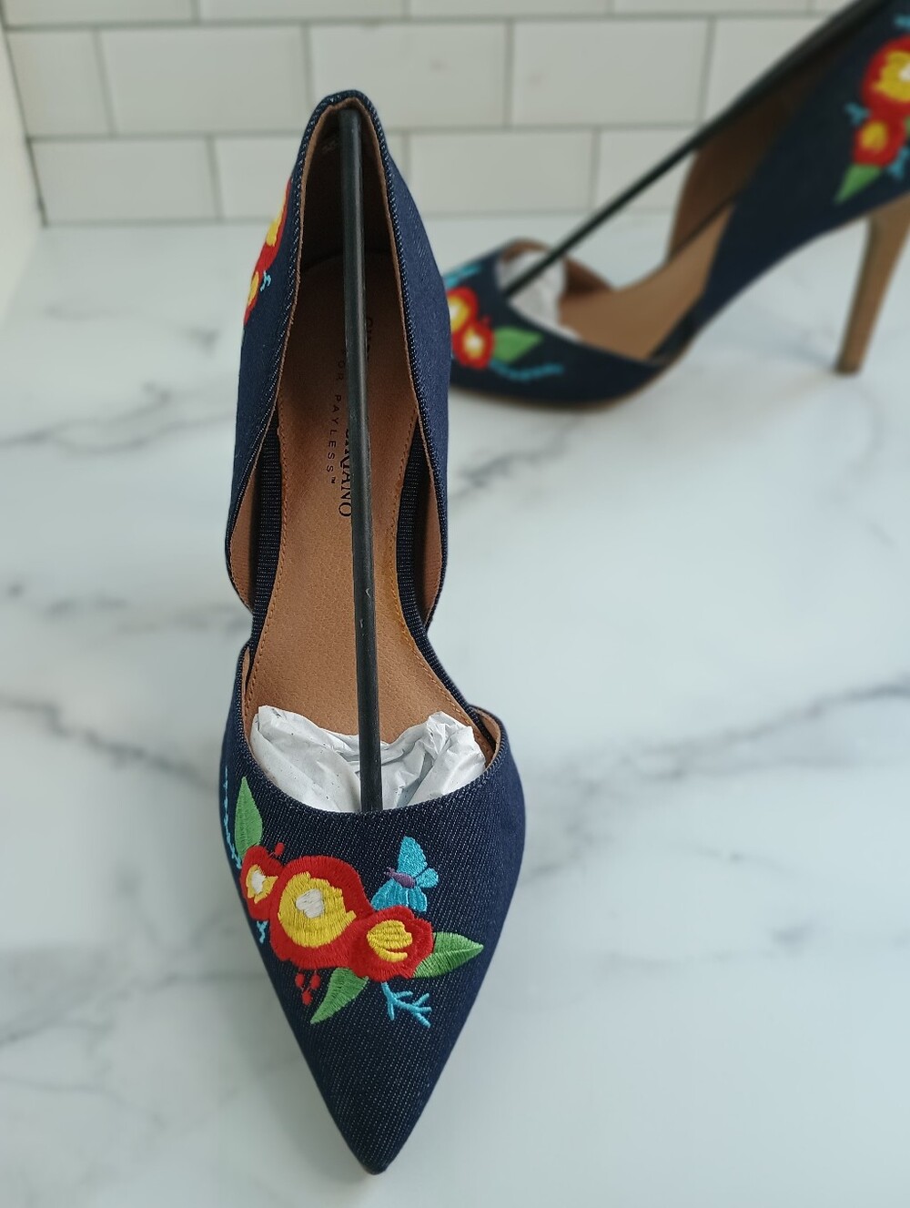 Christian Siriano Dark Denim Embroidered Pointed-Toe d'Orsay Pumps - Picture 12 of 14